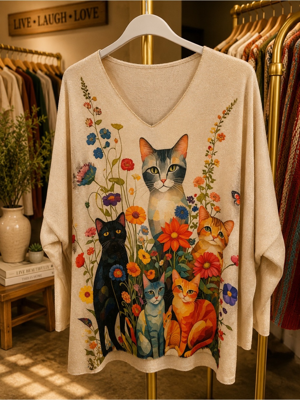 S23. From Italy 🇮🇹 Cat Floral Print V-Neck Pullover Sweater - Cream